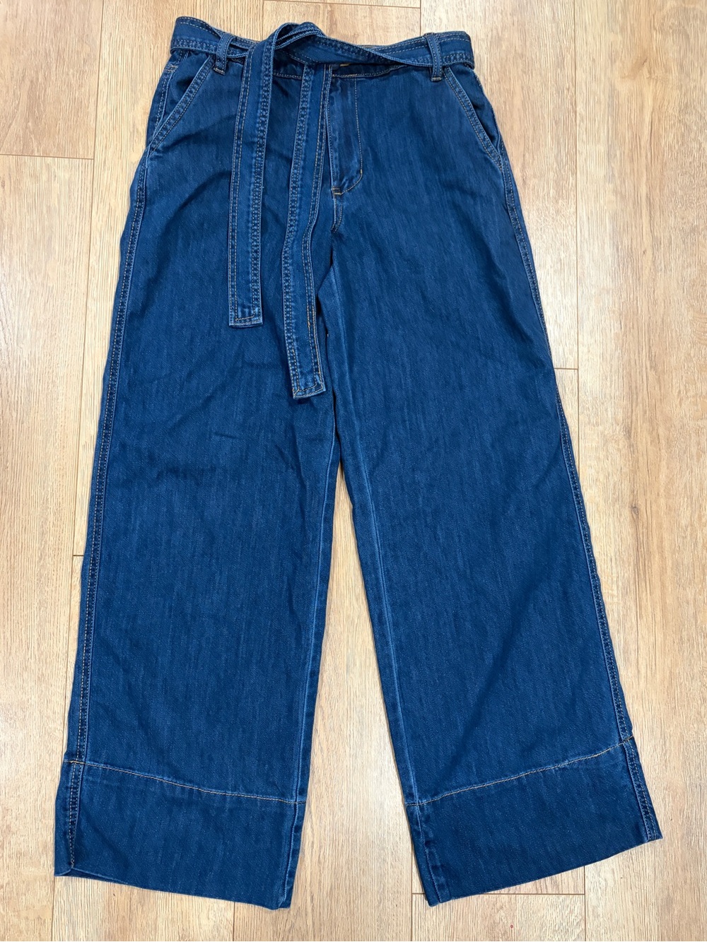 OAT New York Cloud Luxe Denim Belted Wide Leg Jeans Dark Wash 4/27